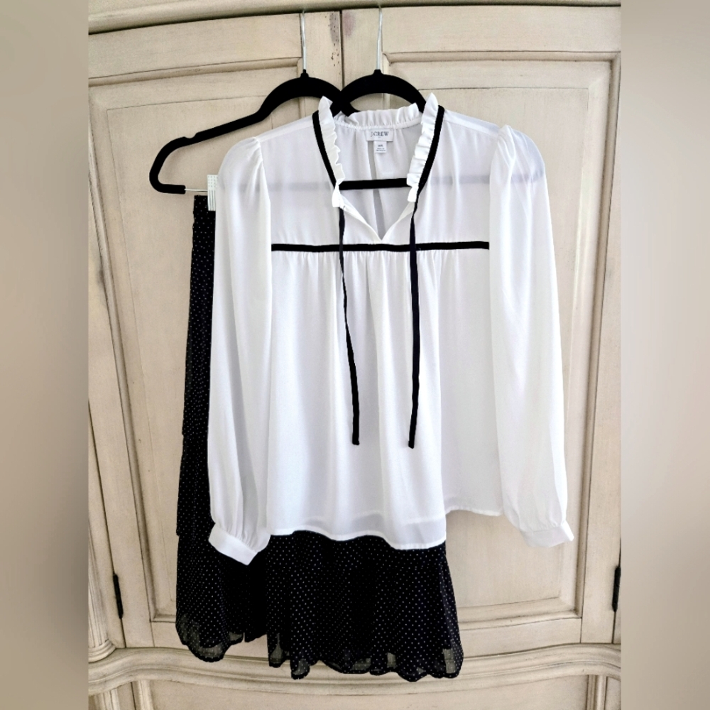 JCrew White Blouse with Black Trim And Dotted Swiss Black Skirt